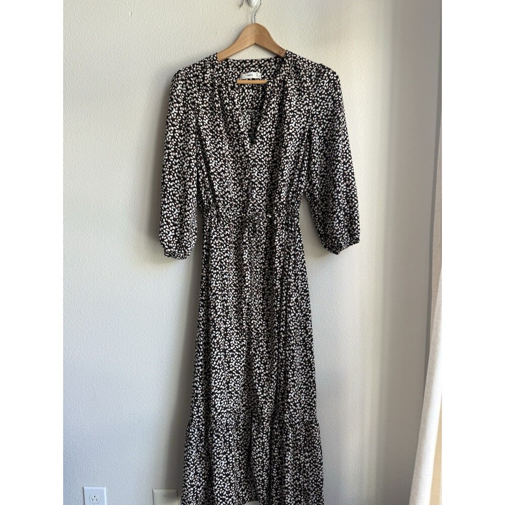 MNG By MANGO Midi Dress Brown Abstract Floral Size 4 Tiered Hem Cottagecore Boho